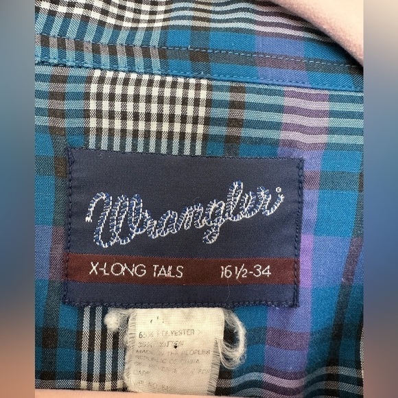 Vtg Western Shirt Wrangler 16.5x34 Cowboy Cut Pearl Snap Blue Plaid XLong Tails - Picture 7 of 9